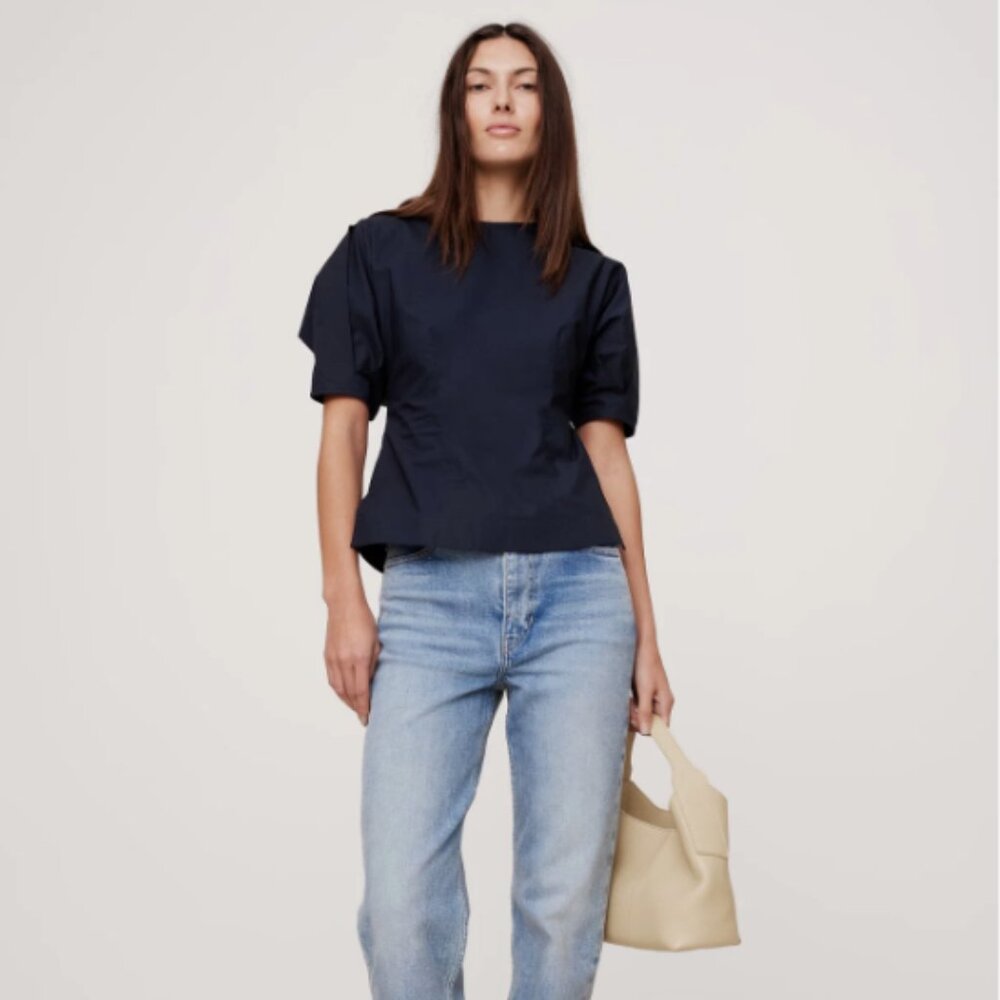 Banana Republic Puff Sleeve Poplin Top | Navy 6  #742563 NEW